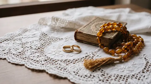 Oya işlemeli örtü üzerinde iki alyans, dua kitabı ve tesbih