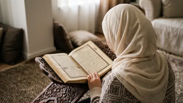 Evde rahle üzerindeki Kur'an'dan okuyan başörtülü kadın, arkadan