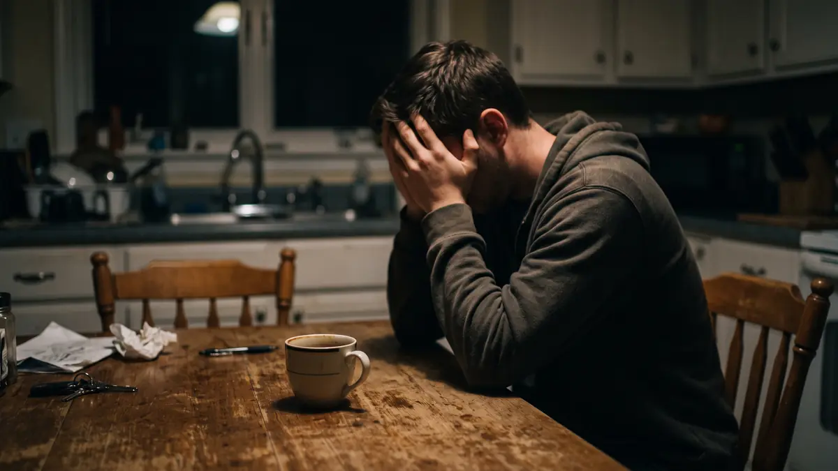 Gece mutfak masasında önünde yarım kalmış kahveyle düşünceli oturan genç adam
