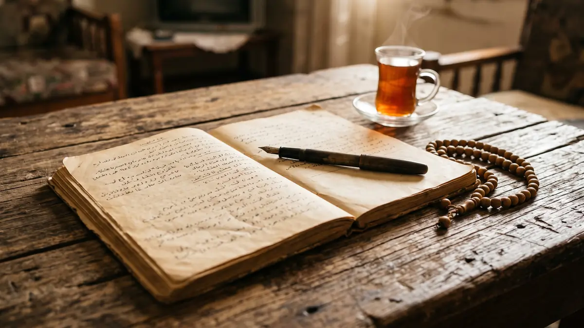 Ahşap masada Arapça harflerle yazılmış eski bir defter, dolma kalem ve tespih