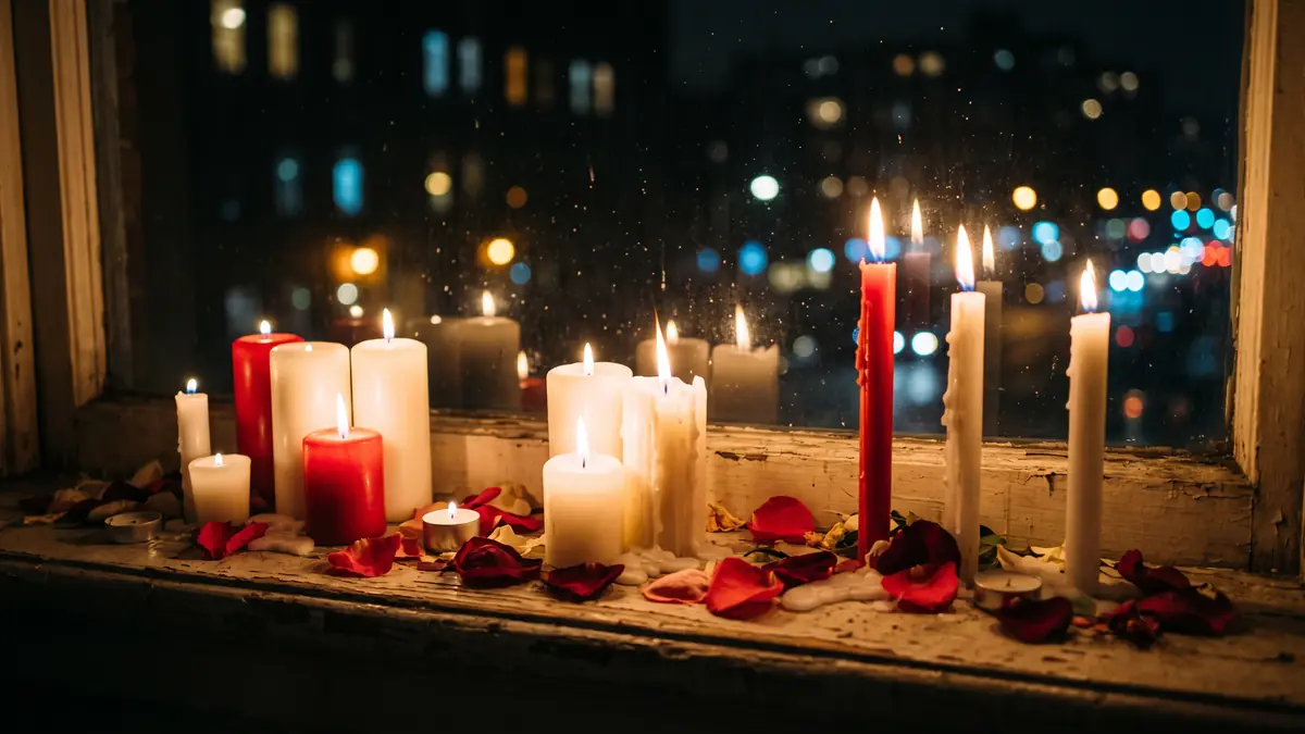Gece pencere pervazında yanan beyaz ve kırmızı mumlar