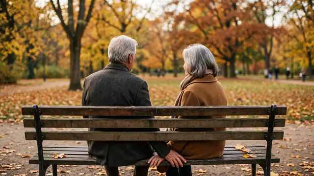 Parkta bankta yan yana oturan, el ele tutuşmuş yaşlı çift, arkadan