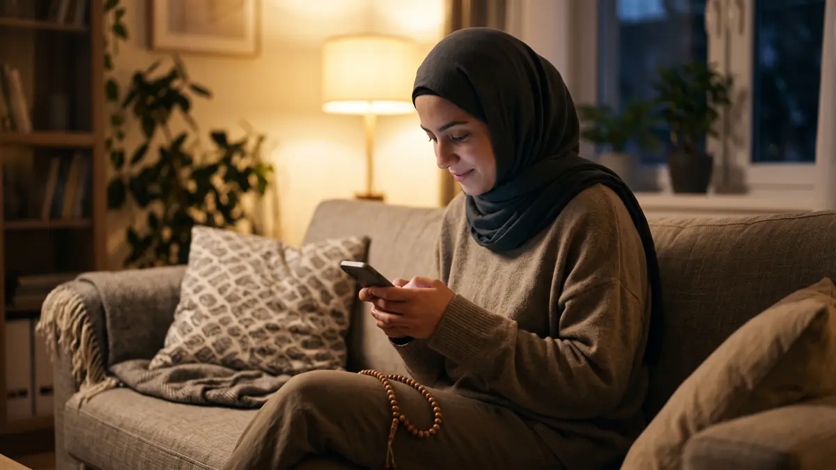 Akşam vakti kucağında tespihle telefonuna umutla bakan genç bir kadın