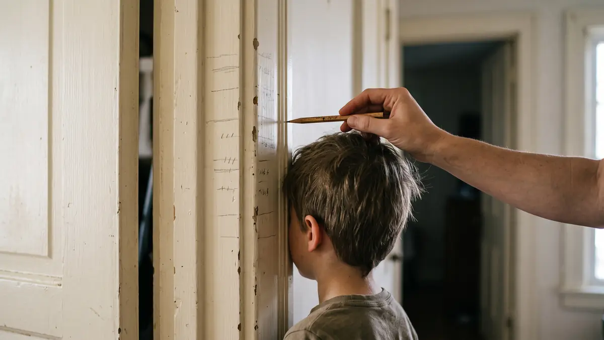 Kapı pervazında kalemle boy ölçüsü alınan çocuk ve ebeveyn eli