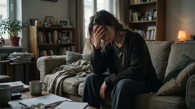 Loş odada kanepede elini alnına koymuş yorgun kadın