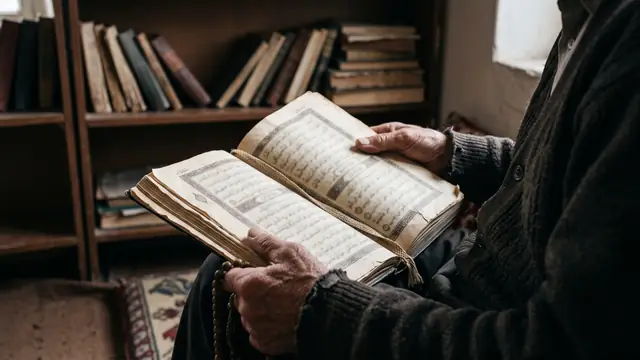 Kitaplıklı sade odada açık Kur'an tutan yaşlı adamın elleri