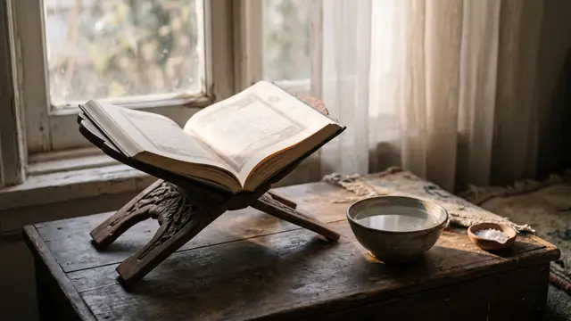 Pencere önünde su kasesi, tuz ve rahlede açık Kur'an