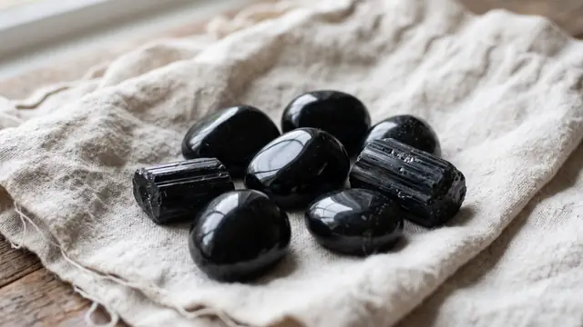 Keten örtü üzerinde parlatılmış siyah obsidyen ve turmalin taşları
