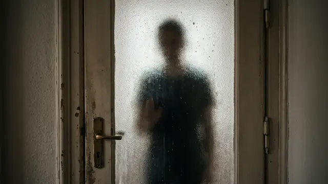 Buzlu cam kapının ardında belirsiz bir insan silueti