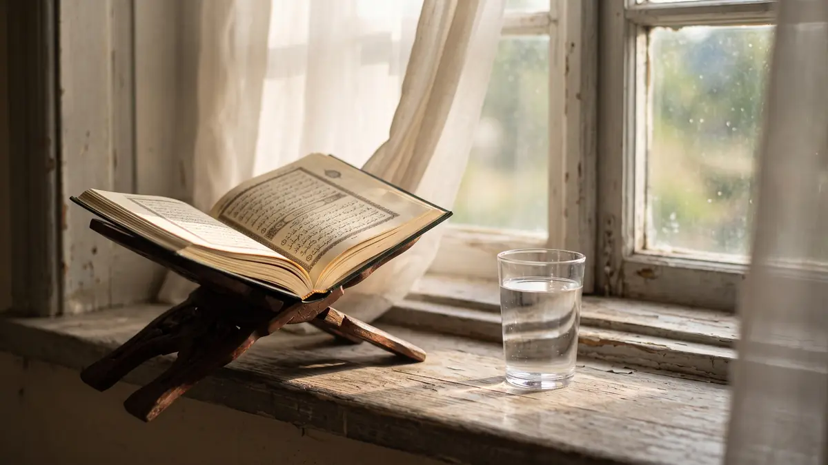 Pencere kenarında rahlede açık Kur'an ve bir bardak su