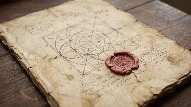 Elle çizilmiş geometrik çizimli sararmış el yazması ve kırmızı mühür