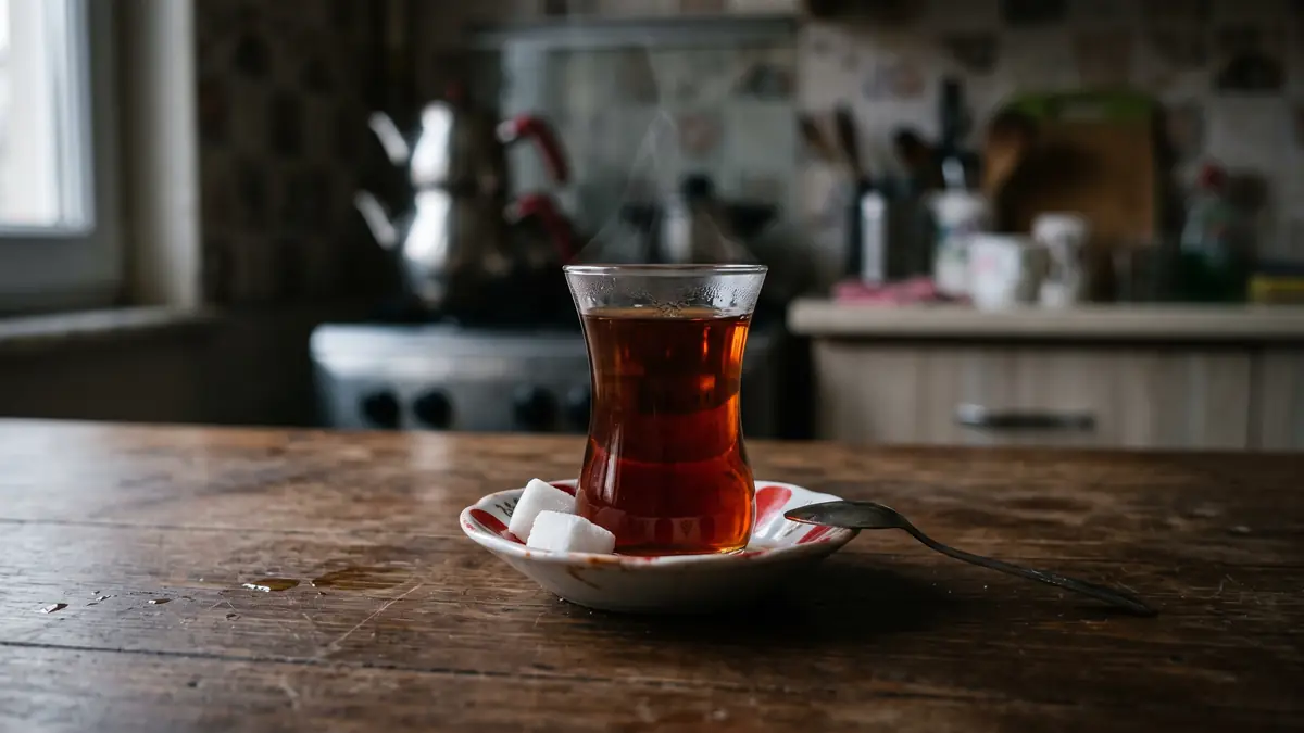 Loş mutfakta tabağında ince belli Türk çayı bardağı