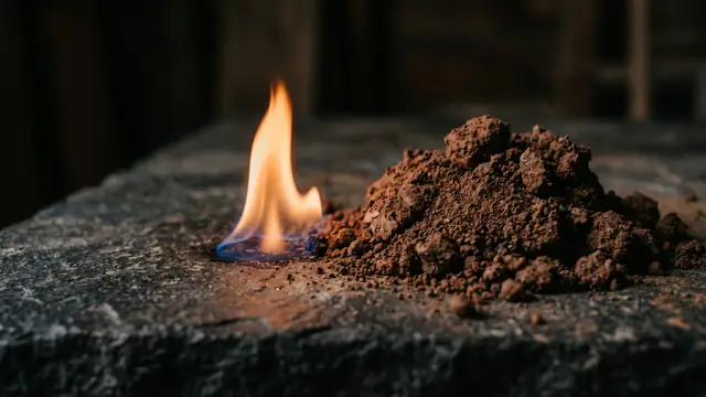 Karanlık taş zeminde yan yana ateş alevi ve kil toprak