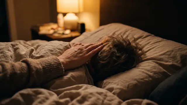 Gece lambası ışığında uyuyan çocuğun başına konmuş anne eli