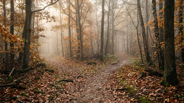 Sonbahar ormanında sabah sisinde ikiye ayrılan yol