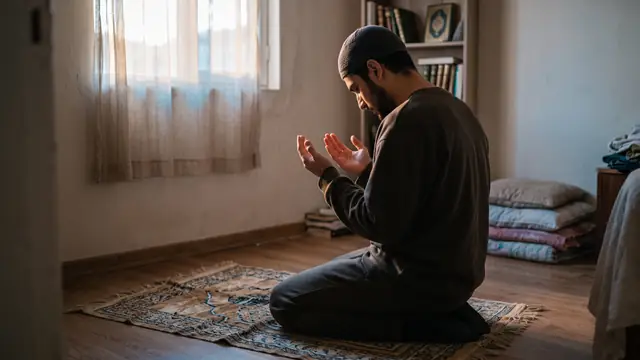 Şafak vaktinde seccade üzerinde elleri açık dua eden genç bir adam