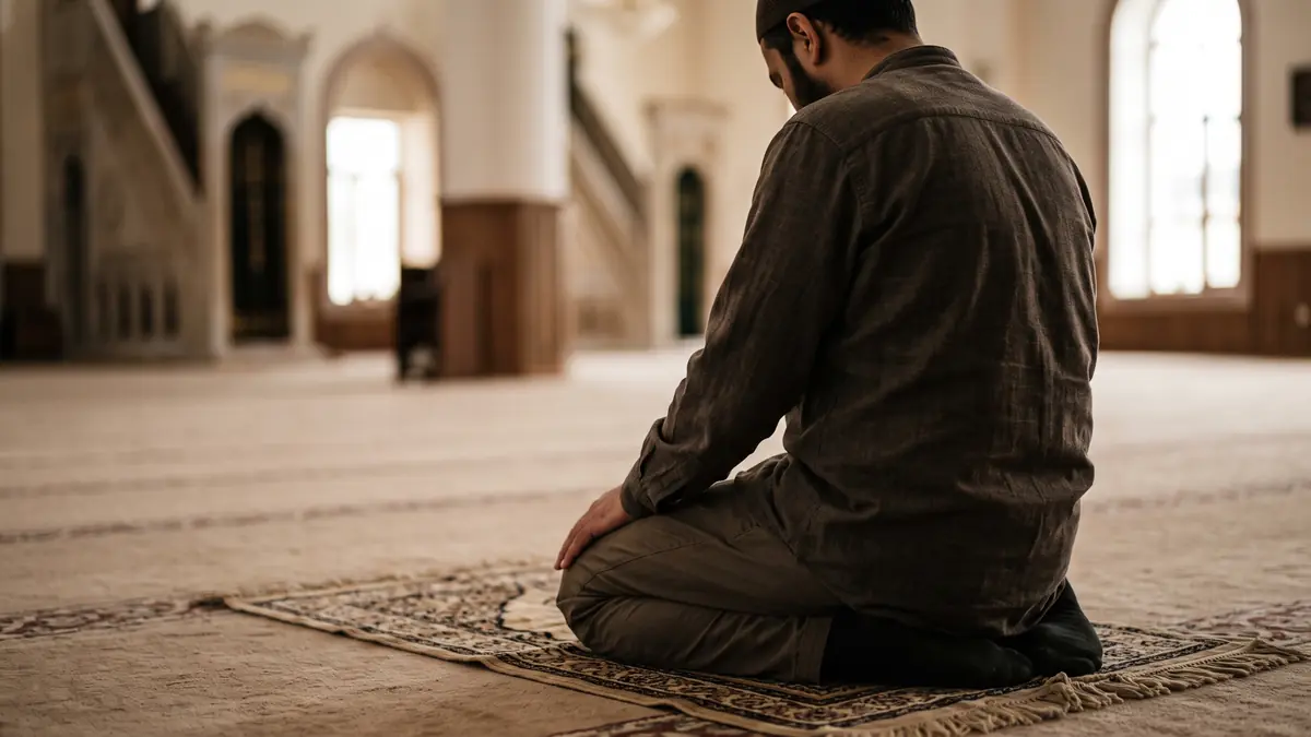 Seccade üzerinde namazda oturuş hâlindeki adam, yandan