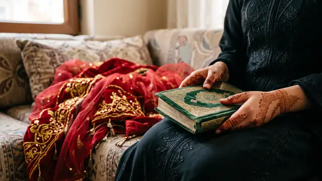 Kına gecesi örtüsü yanında kınalı ellerde küçük dua kitabı