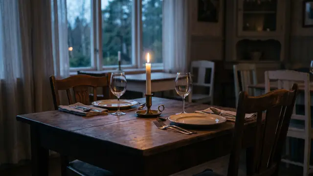 Bir mumun yandığı iki kişilik sofrada boş sandalye