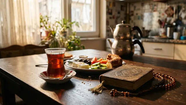 Güneşli mutfakta kahvaltı masasında çay ve küçük dua kitabı