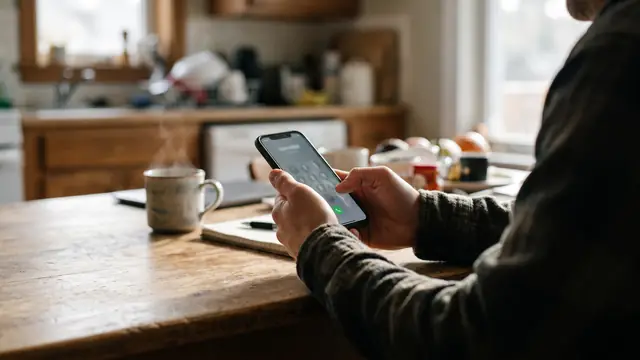 Mutfak masasında arama yapmak üzere telefon tutan kişi