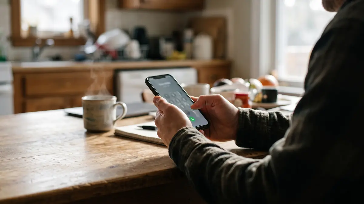 Mutfak masasında arama yapmak üzere telefon tutan kişi