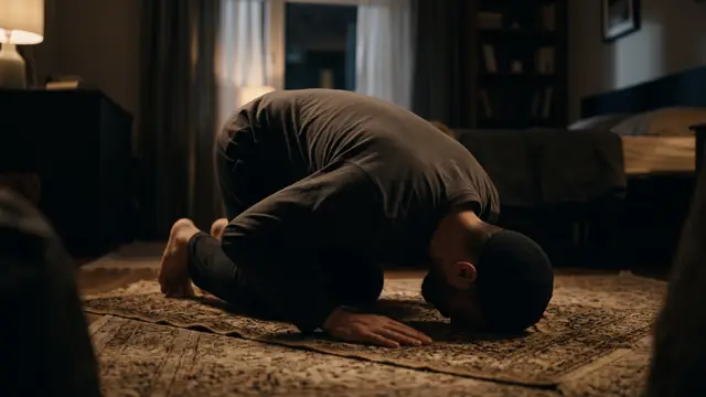 Gece loş odada seccadede secdeye kapanmış adam, yandan