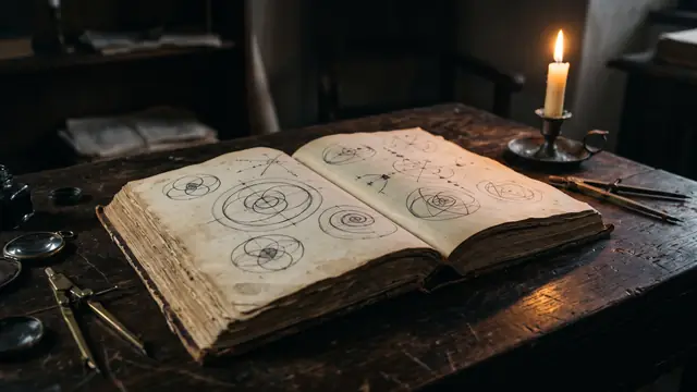 Mum ışığında masada geometrik çizimli antika kitap