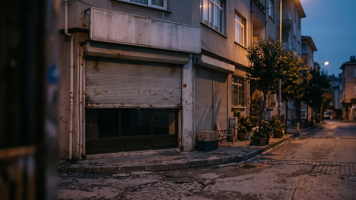 Alacakaranlıkta sessiz sokakta kepengi yarıya inmiş dükkân