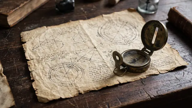 Koyu masada geometrik çizimli eski parşömen ve pirinç pergel