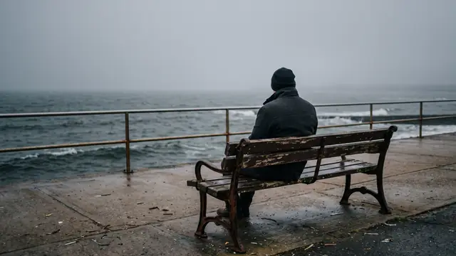 Gri bir günde deniz kenarında bankta tek başına oturan adam, arkadan