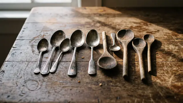 Rustik mutfak masasında eski gümüş ve tahta kaşıklar
