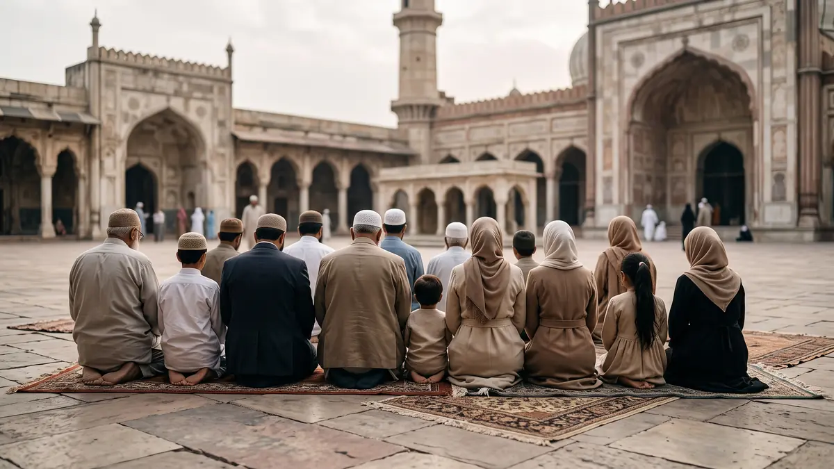 Cami avlusunda birlikte dua eden kalabalık aile, arkadan