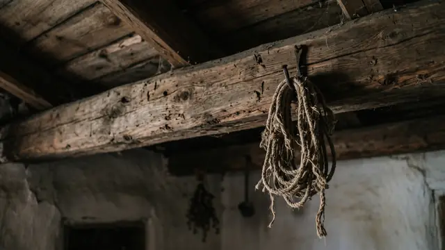 Köy evinde eski ahşap tavan kirişi ve asılı ip