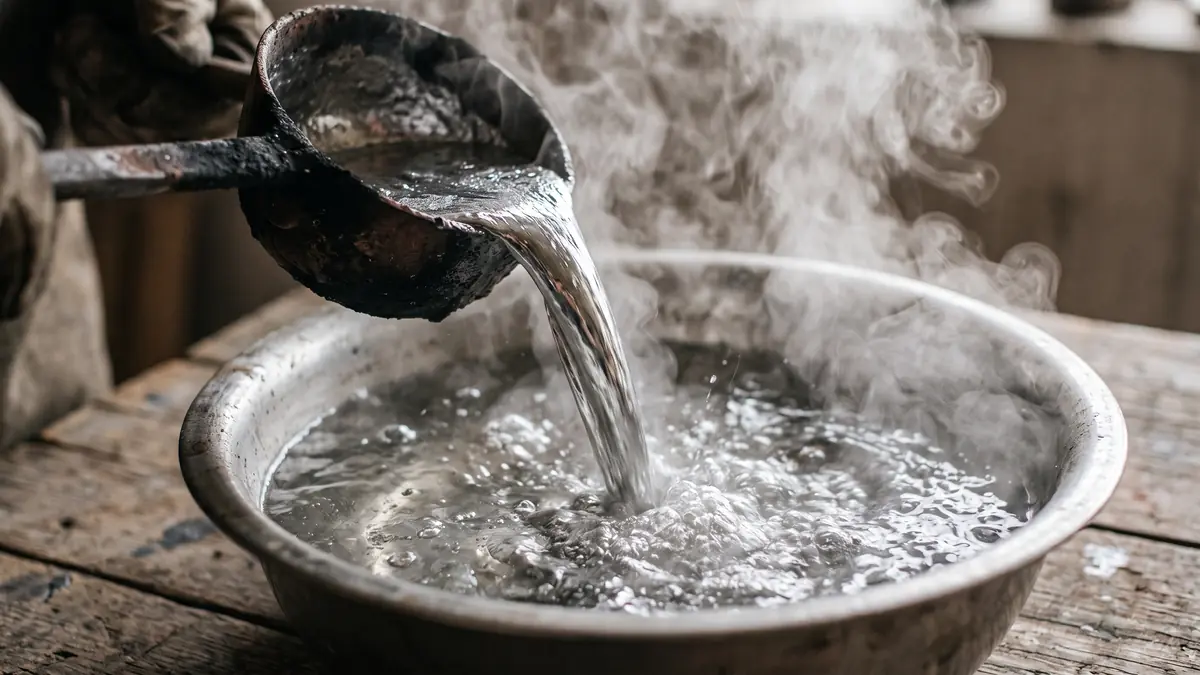 Kepçeden su dolu kaseye dökülen erimiş kurşun ve buhar