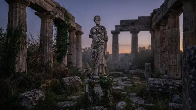 Alacakaranlıkta yıkık tapınakta eski taş heykel