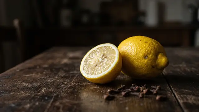 Koyu masada bütün ve kesilmiş limon ile birkaç karanfil