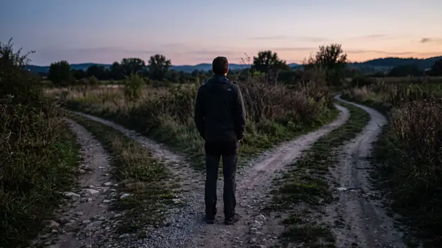Alacakaranlıkta iki yolun ayrıldığı yerde duran kişi, arkadan