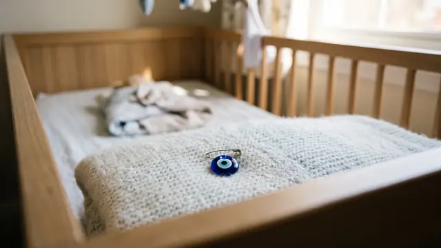 Bebek beşiğinde battaniyeye iliştirilmiş mavi nazar boncuğu