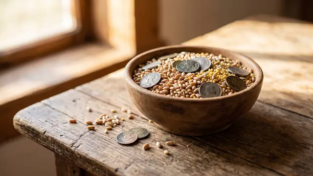 Ahşap masada tahıl ve bozuk para dolu küçük kase