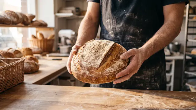 Sabah fırın tezgâhında taze ekmek tutan fırıncı elleri