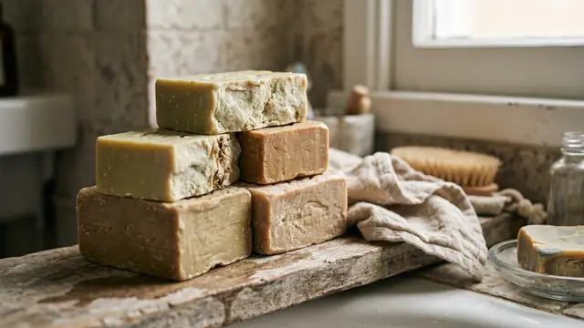 Banyo rafında üst üste dizili el yapımı zeytinyağlı sabunlar