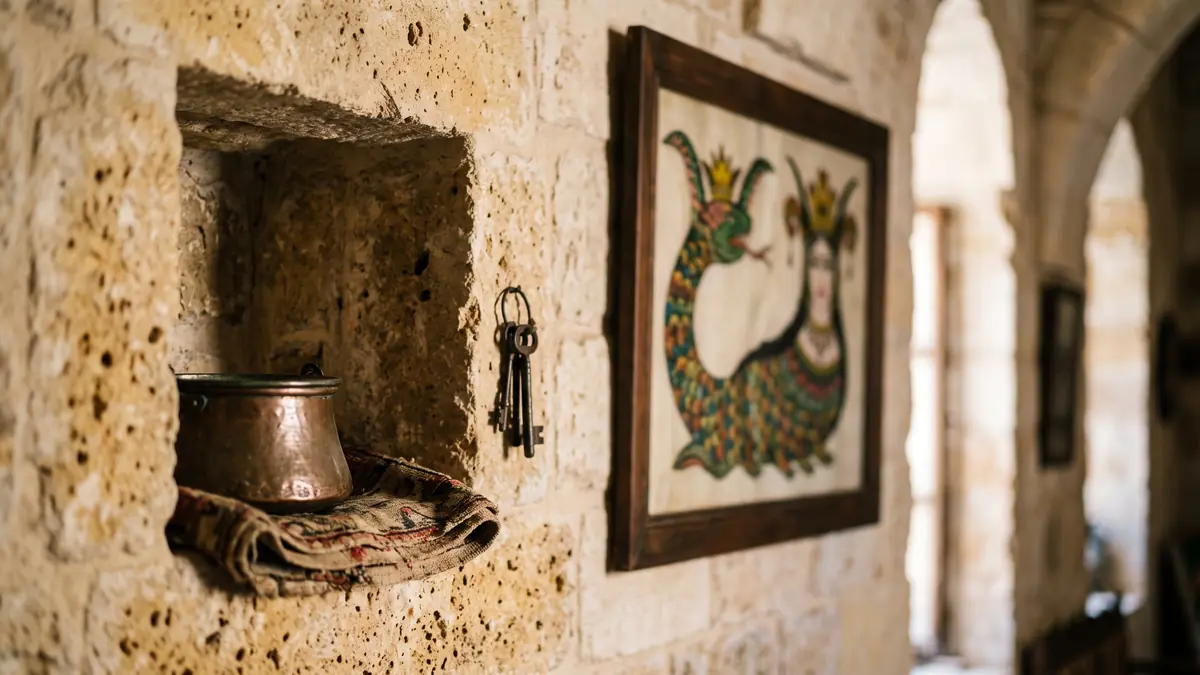 Mardin taş evinde duvarda asılı geleneksel Şahmaran tablosu