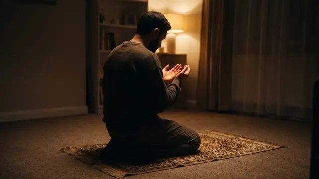 Tek lambanın yandığı loş odada seccadede dua eden adam