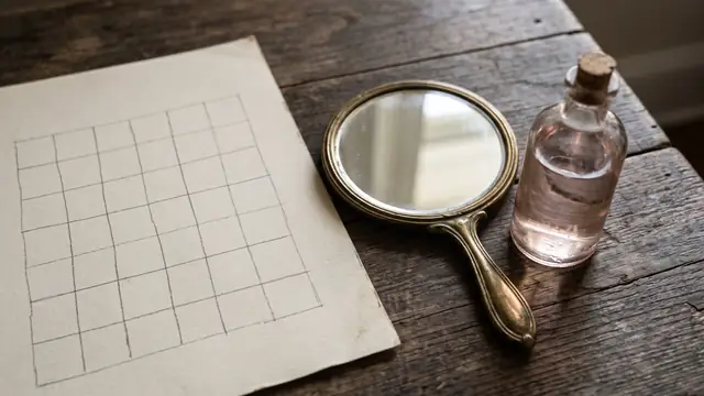 Kareli vefk kâğıdı, küçük ayna ve gül suyu şişesi, üstten