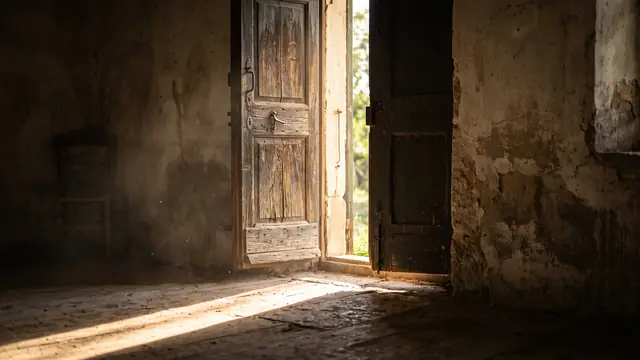Aralık ahşap kapıdan karanlık odaya süzülen gün ışığı